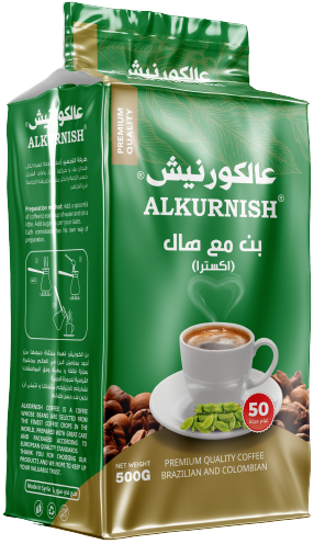 كيس عبوة بن مع هال إكسترا من شركة عالكورنيش يعكس أجود بن في سوريا بحجم 500 غرام.